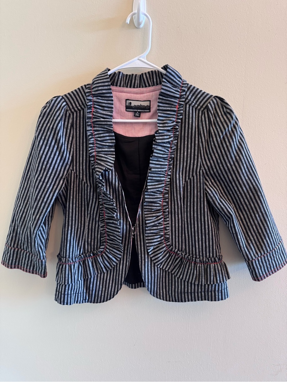 Brooklyn Industries Women's Striped Ruffle Blazer Jacket Medium 3/4 Sleeve